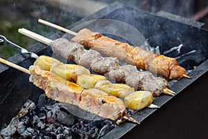 Grilling barbecue of fish, potato, pork and lula kebabs