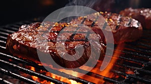 Grilling beef meat dinner. Cooking red steak close up. Barbecue meal. Bbq party