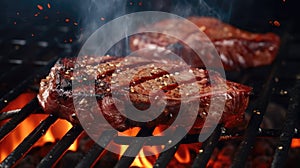 Grilling beef meat dinner. Cooking red steak close up. Barbecue meal. Bbq party
