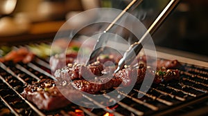 Grilling beef steak on barbecue grill in restaurant, closeup view
