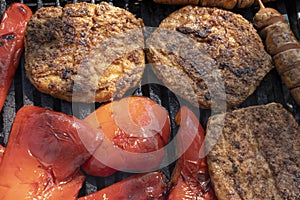 Grilling Burgers and Red Peppers