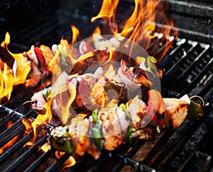 Grilling chicken kabobs on flaming grill
