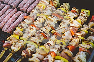 Grilling chicken meat skewers and kebab with vegetables on barbecue charcoal grill