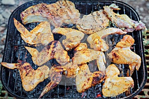 Grilling chicken wings on barbecue grill.