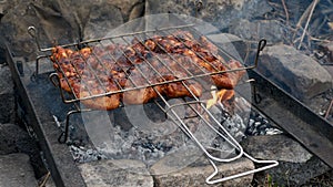 Grilling chicken wings on barbecue grill with fire flames and smoke. Selective focus. Summer food. Ideas for barbecue, grill party