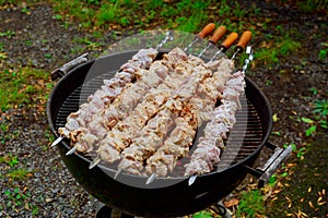 Grilling marinated shashlik on a grill. Shashlik is a form of Shish kebab