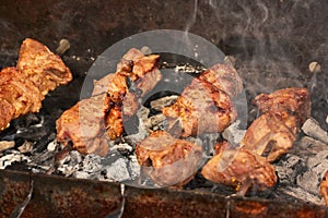 Grilling marinated shashlik on a grill. Shashlik is a form of Shish kebab popular in Eastern, Central Europe