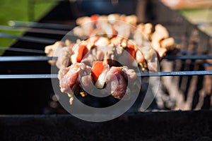 Grilling marinated shashlik on a grill. Shashlik is a form of Shish kebab popular in Eastern, Central Europe and other places.