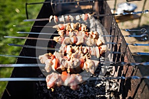 Grilling marinated shashlik on a grill. Shashlik is a form of Shish kebab popular in Eastern, Central Europe and other places.