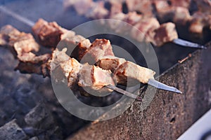 Grilling marinated shashlik on a grill. Shashlik is a form of Shish kebab popular in Europe and other places