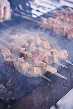 Grilling marinated shashlik on a grill. Shashlik is a form of Shish kebab popular in Europe and other places