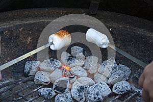 Grilling marshmallows over hot coal in a barbecue