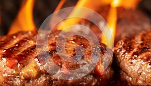 Grilling Perfection: Extreme Close-Up of Sizzling Hamburgers on BBQ