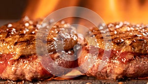 Grilling Perfection: Extreme Close-Up of Sizzling Hamburgers on BBQ