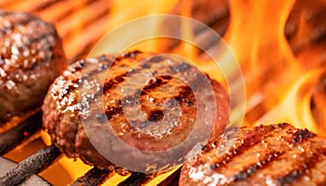 Grilling Perfection: Extreme Close-Up of Sizzling Hamburgers on BBQ