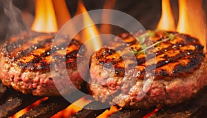 Grilling Perfection: Extreme Close-Up of Sizzling Hamburgers on BBQ