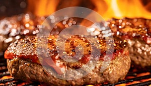 Grilling Perfection: Extreme Close-Up of Sizzling Hamburgers on BBQ