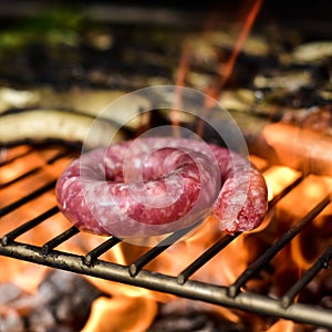 Grilling a pork meat sausage photo