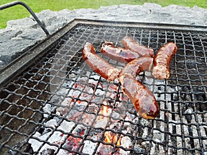 Grilling sausages on the grill. Frying food on charcoal and on fire. Fatty food. Calories and energy for muscles. Picnic on the st