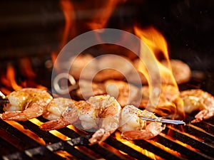 Grilling shrimp on skewer on grill