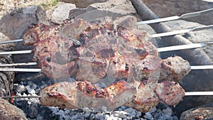 grilling tasty dish on barbecue. tasty food on metal skewer in the forest. picnic time concept