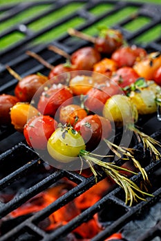 Grilling tomato skewers, skewers of colorful cherry tomatoes studded on rosemary sprigs with the addition of aromatic spices and s