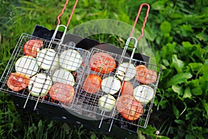 Grilling vegetables on pans