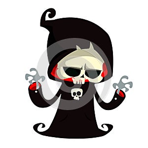 Grim reaper cartoon character isolated on a white background. Cute death character in black hood.