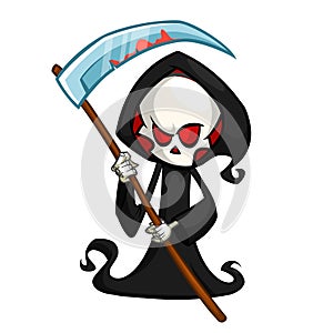 Grim reaper cartoon character with scythe isolated on a white background. Cute death character in black hood.