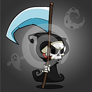 Grim reaper cartoon character with scythe on a white background. Cute death character in black hood photo