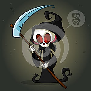 Grim reaper cartoon character with scythe on a white background. Cute death character in black hood