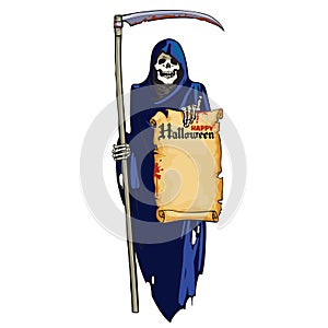 Grim Reaper. Cute laughing skeleton with scythe and scroll with text Happy Halloween in cartoon style. Hand drown vector