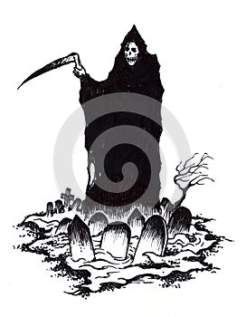 Grim Reaper of Death in Halloween Graveyard