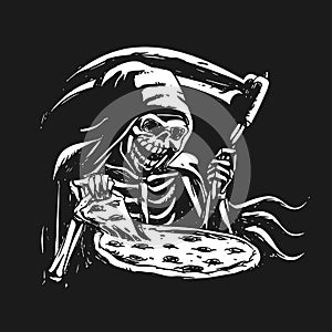 Grim reaper eating pizza - black and white photo