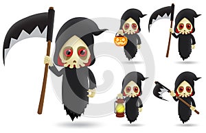 Grim reaper halloween character vector set. Grim reaper skeleton characters wearing halloween costume.