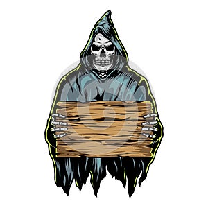 Grim reaper holding blank wooden board