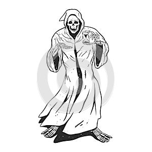 Grim reaper holding an hourglass - black and white