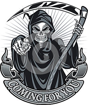 Grim reaper holding scythe and pointing photo