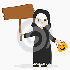 Grim Reaper Holding a Wooden Sign and Pumpkin Bucket, Halloween Cartoon Vector