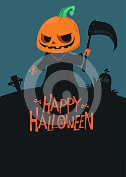 Grim reaper jack-o-lantern cartoon design. Vector illustration of a scarecrow holding scythe
