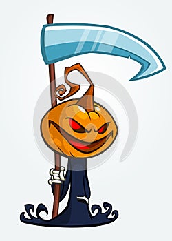Grim reaper pumpkin head cartoon character with scythe. Halloween jack o lantern illustration isolated on white