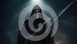 Grim reaper reaching towards the camera over dark background with copy space