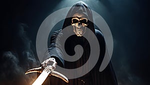 Grim reaper reaching towards the camera over dark background with copy space