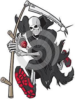 Grim Reaper Running with Athletic Shoes and Water Bottle