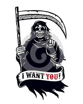 Grim reaper with scythe, death pointing finger. I want you dead!