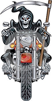 Grim reaper with scythe riding motorcycle