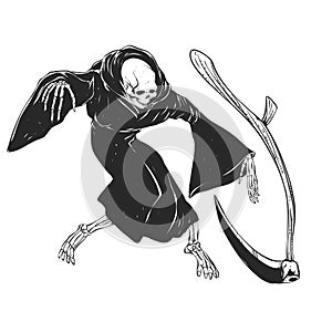 Grim reaper throwing sickle - black and white