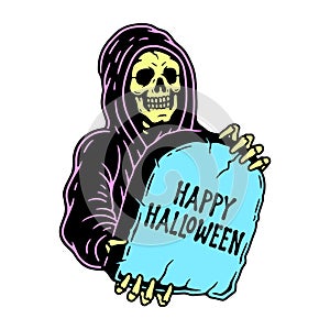 GRIM REAPER WITH TOMBSTONE HAPPY HALLOWEEN COLOR WHITE photo
