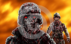 Grim zombie soldiers against the raging fire.