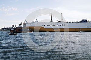 Grimaldi line cargo ship on the waters of the port of Hamburg